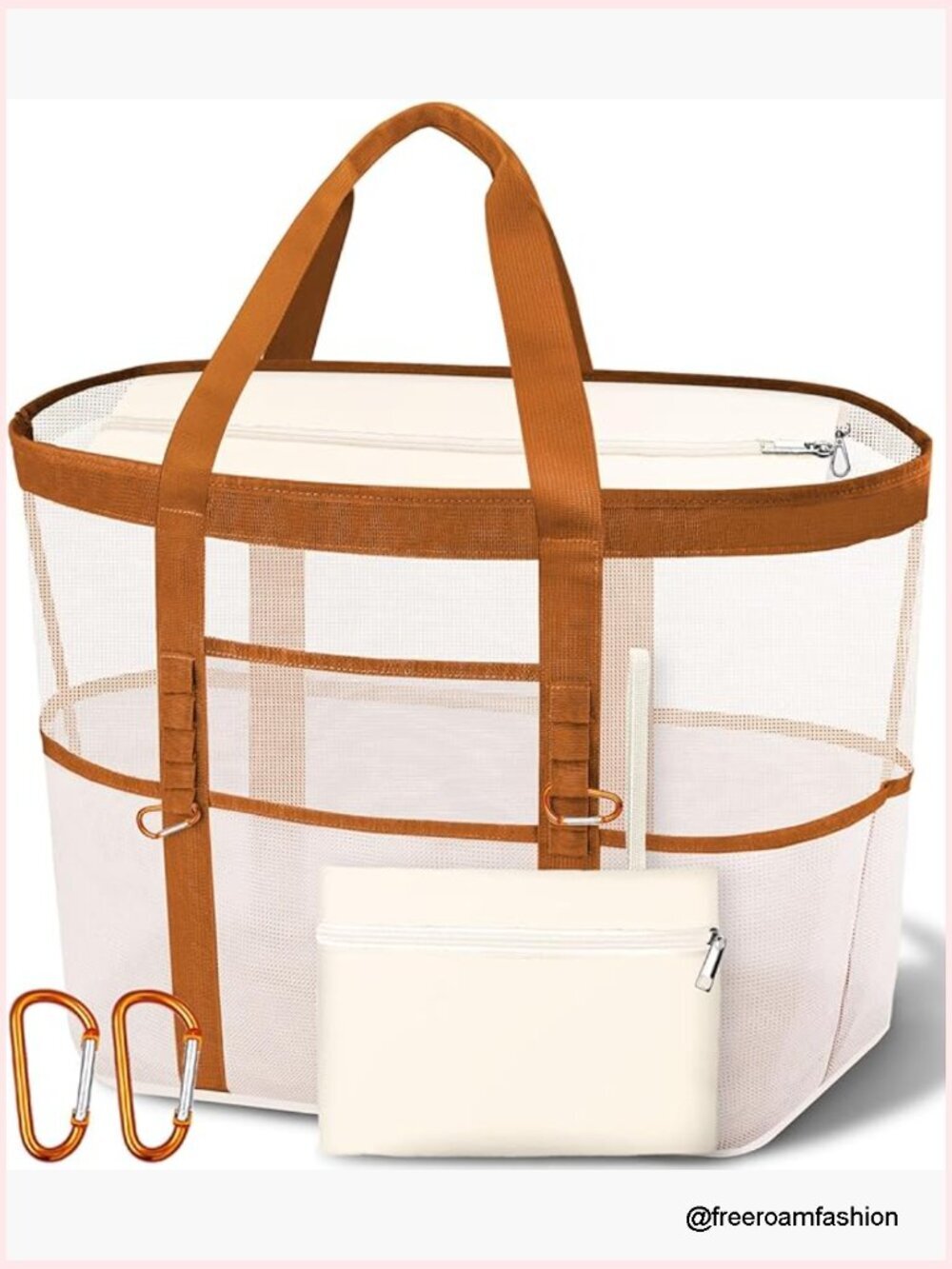 XX-Large Mesh Canvas Beach Tote with 11 Pockets, Zipper Top, Sand-Resistant